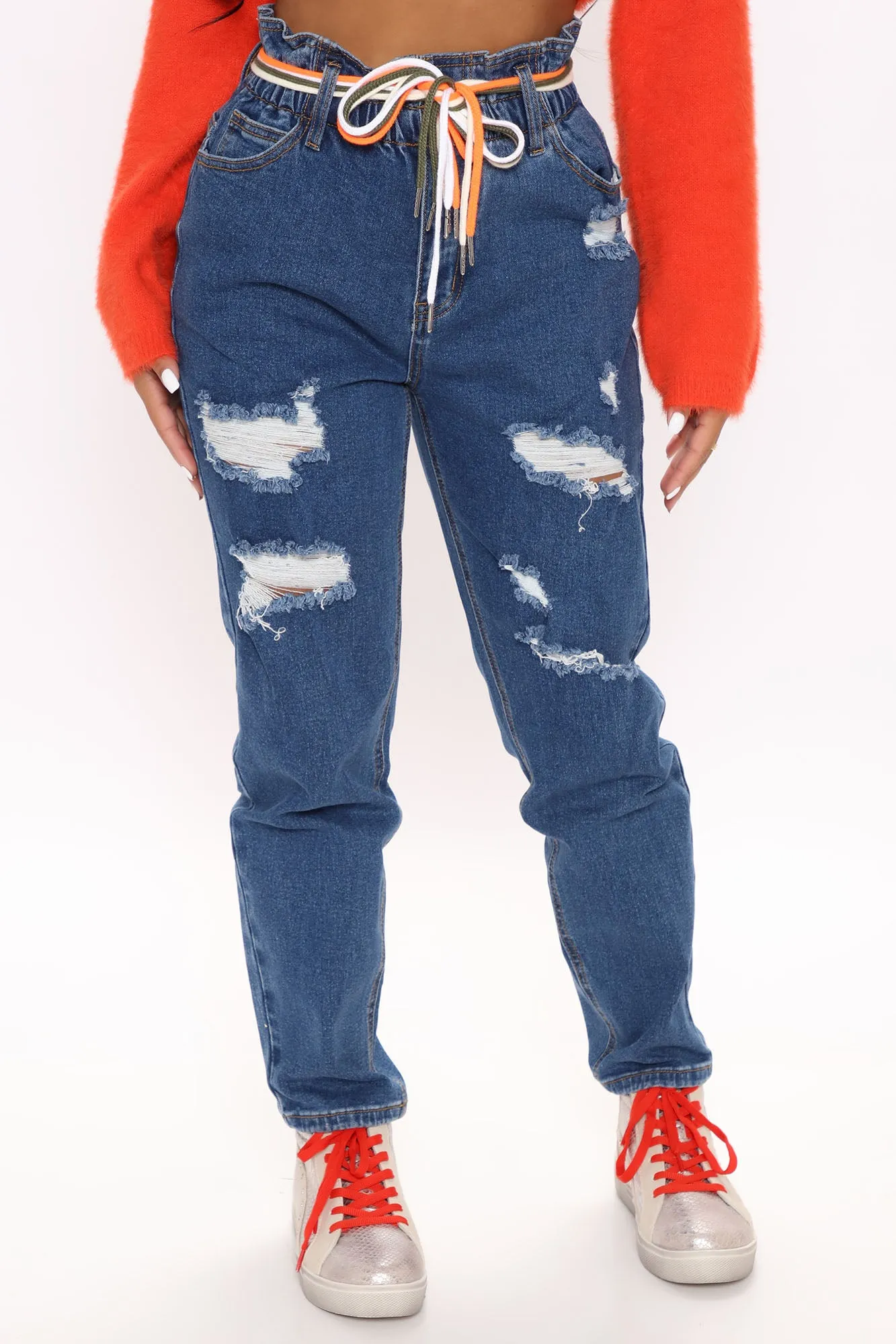 A Lil Tied Up Distressed Straight Leg Jeans - Medium Blue Wash