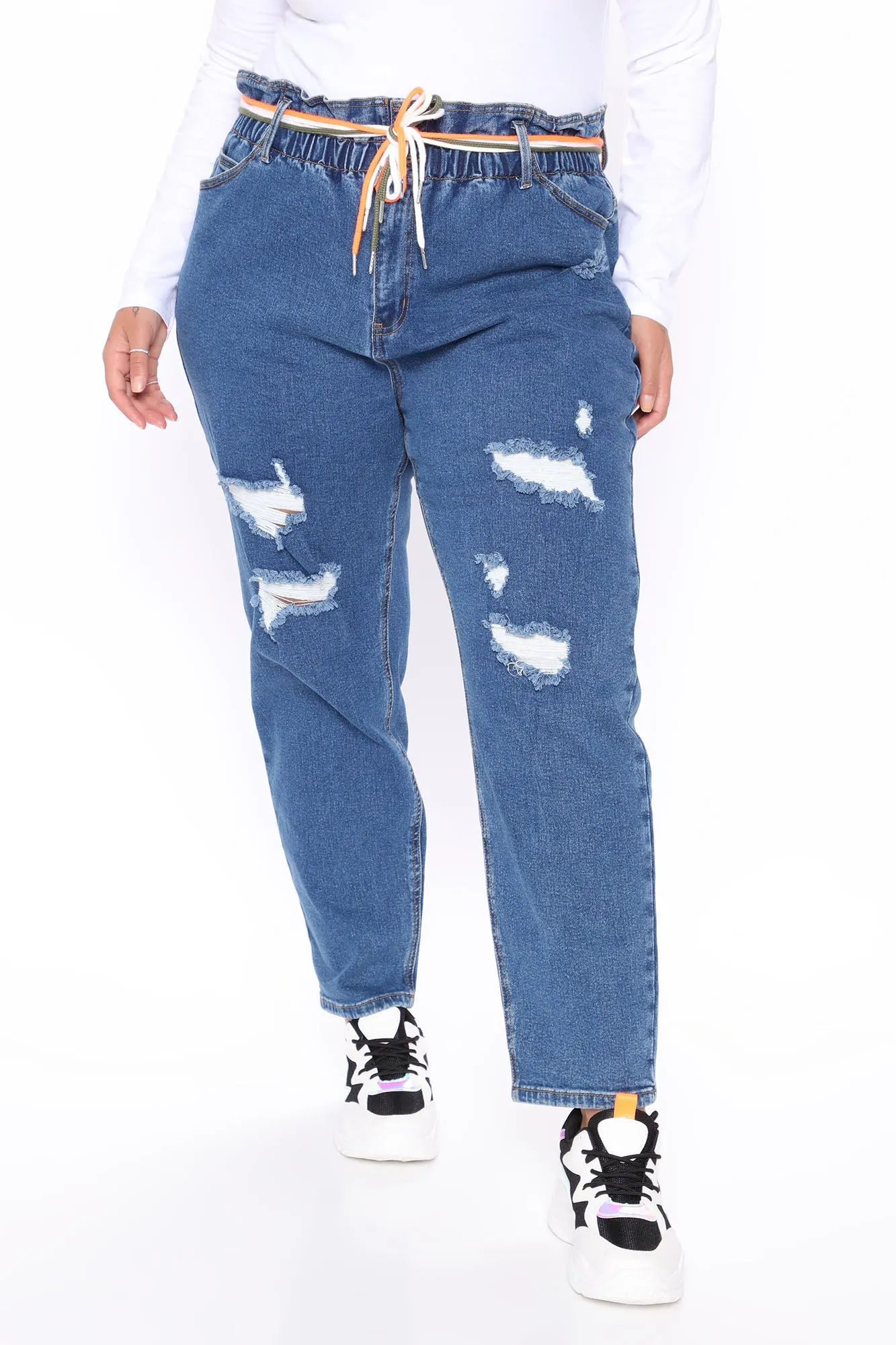 A Lil Tied Up Distressed Straight Leg Jeans - Medium Blue Wash