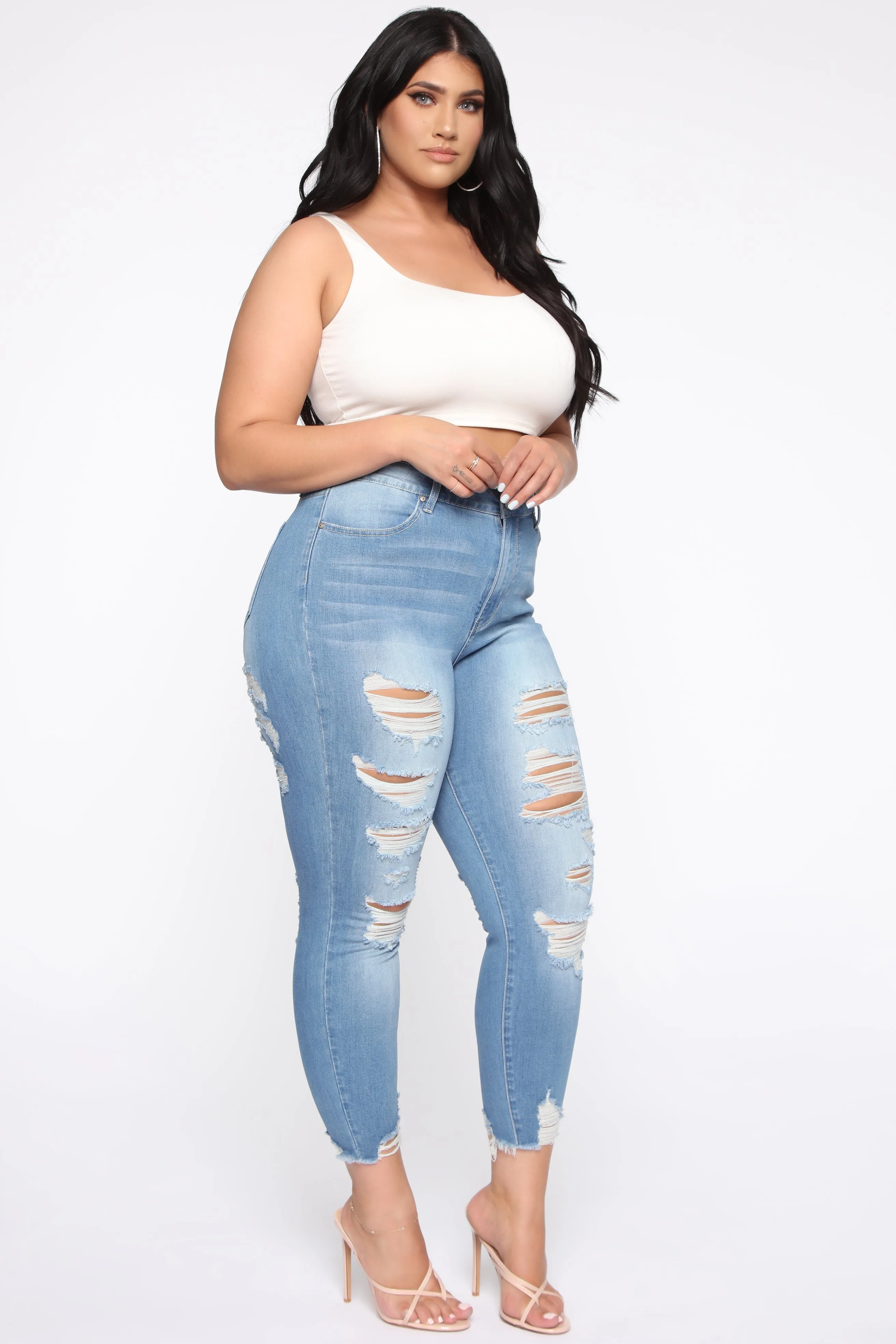 Adriana Distressed High Waist Skinny Jeans - Light Med Blue