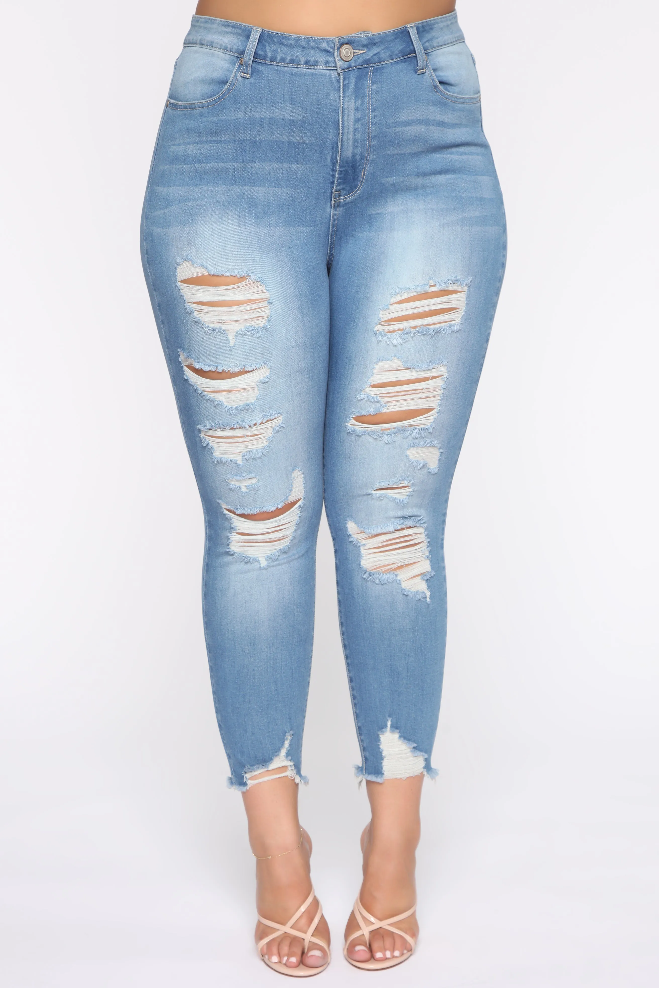 Adriana Distressed High Waist Skinny Jeans - Light Med Blue