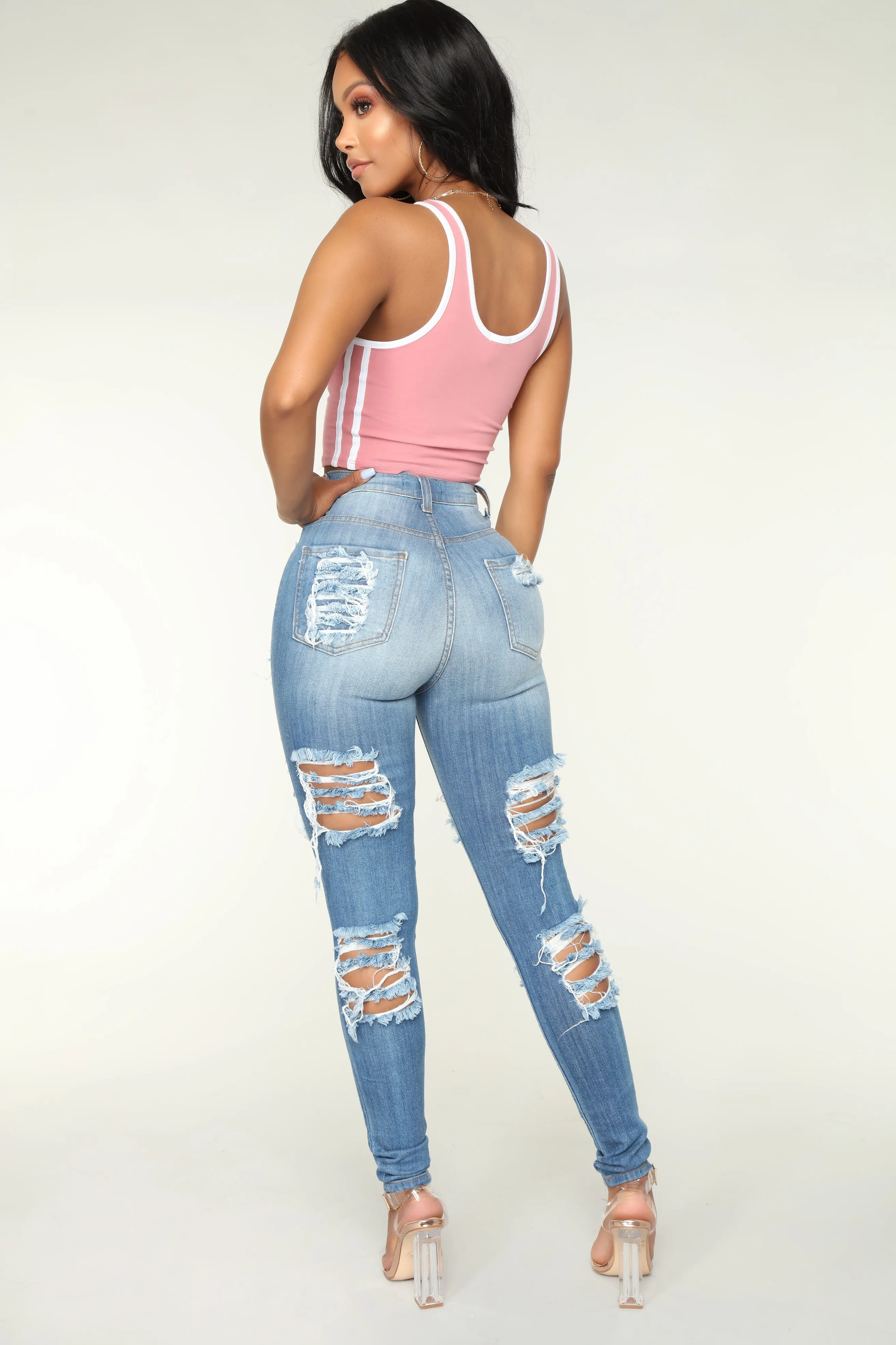 Alter Ego High Waisted Distressed Jeans - Light Blue