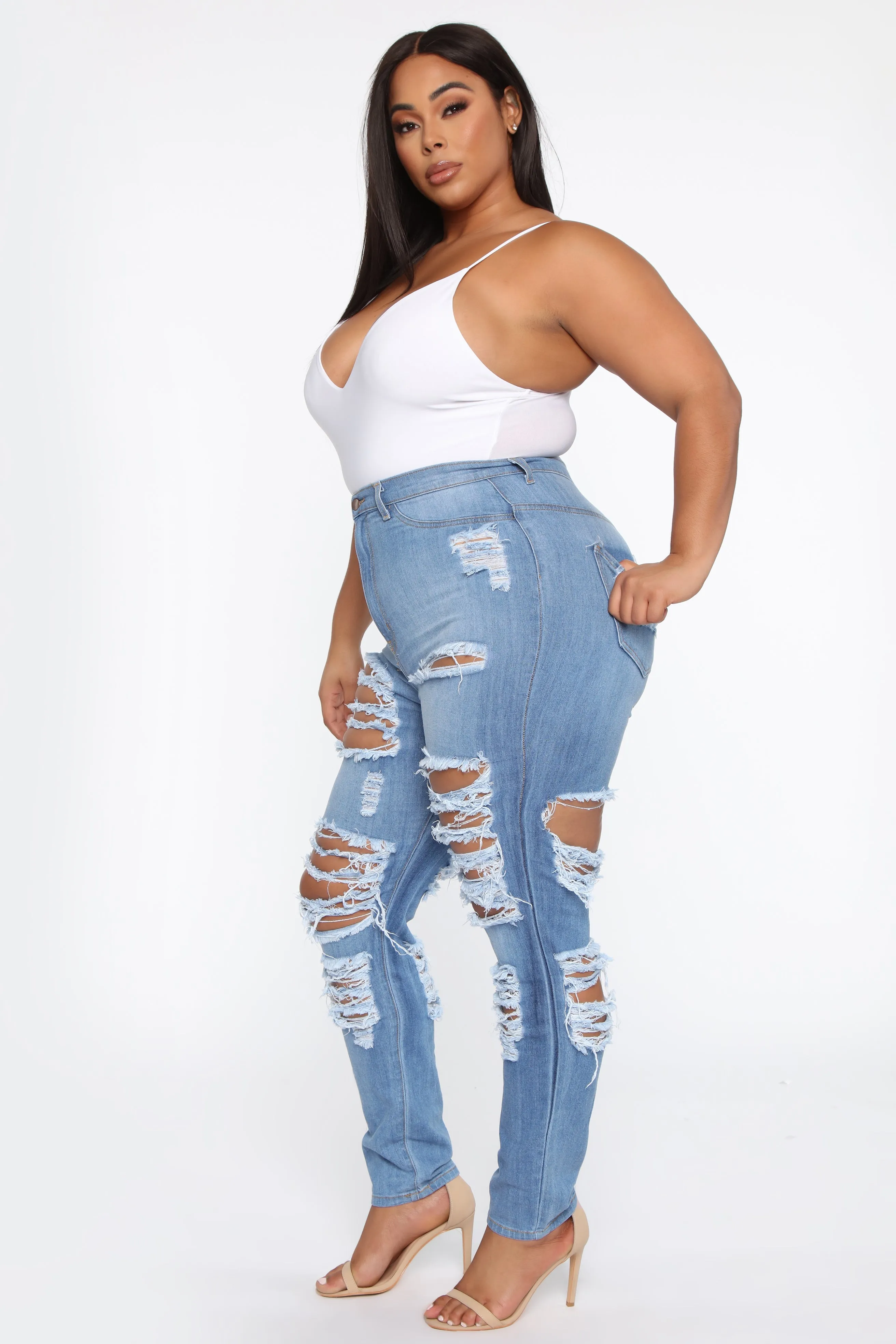 Alter Ego High Waisted Distressed Jeans - Light Blue