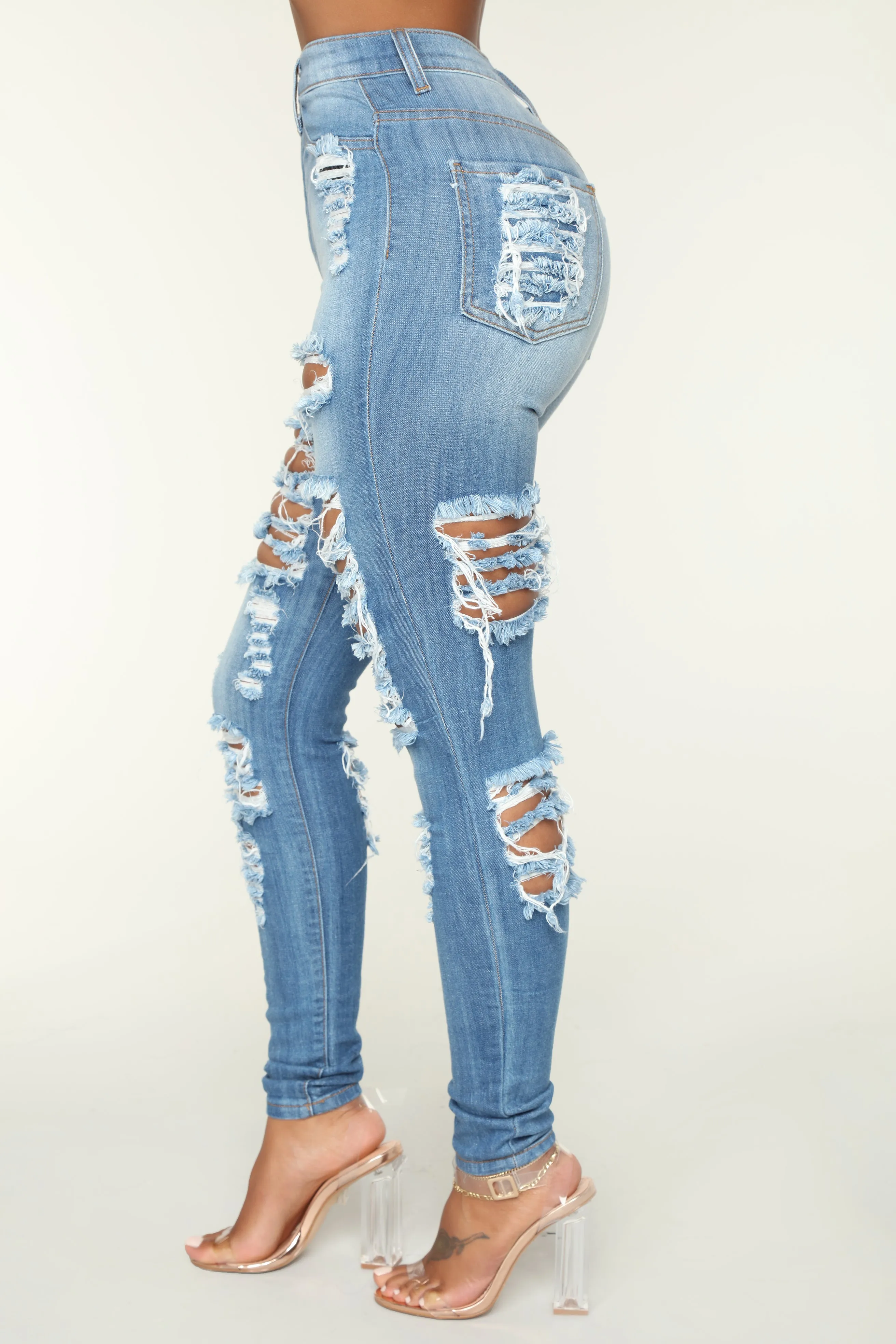 Alter Ego High Waisted Distressed Jeans - Light Blue