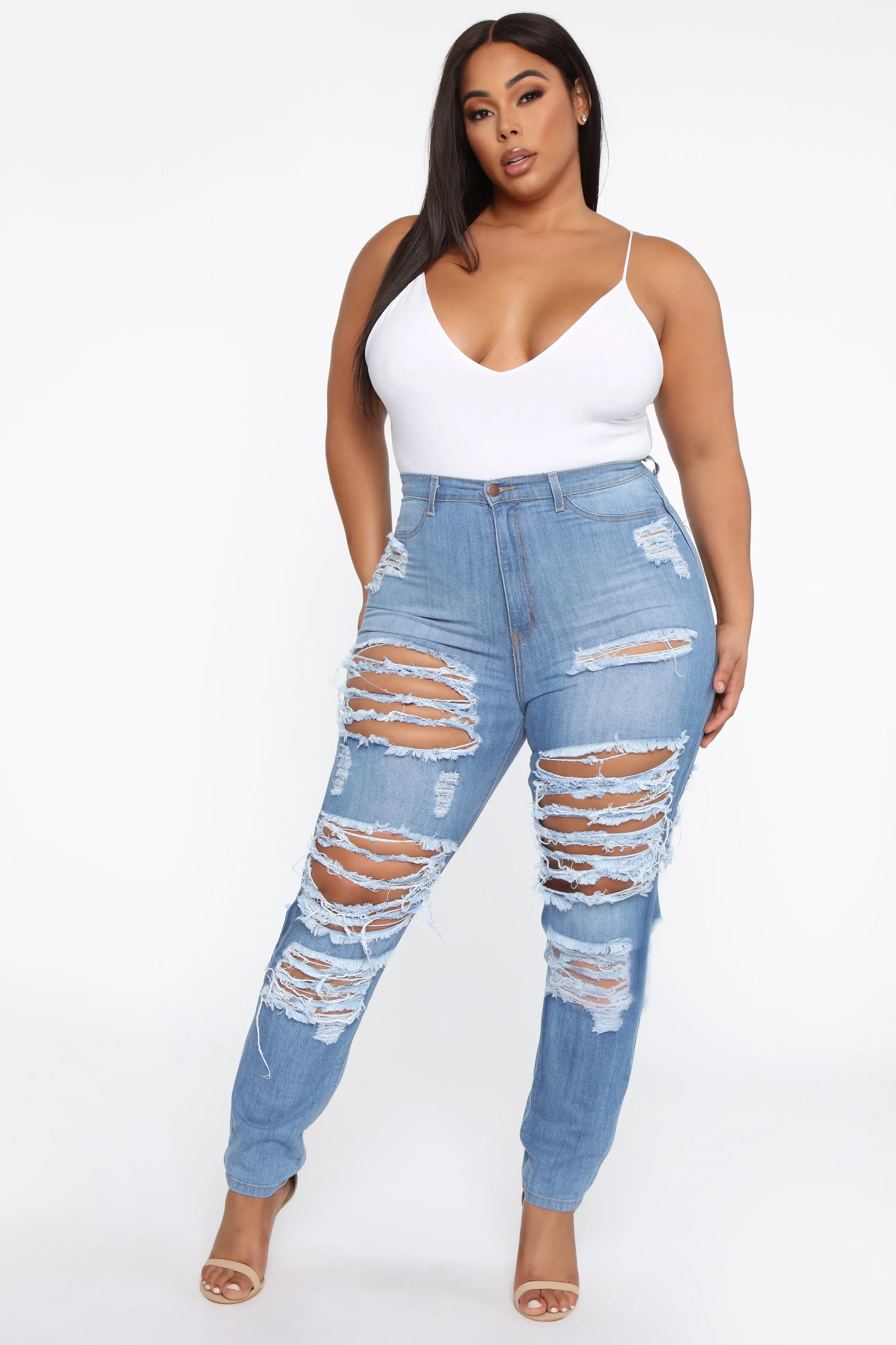 Alter Ego High Waisted Distressed Jeans - Light Blue