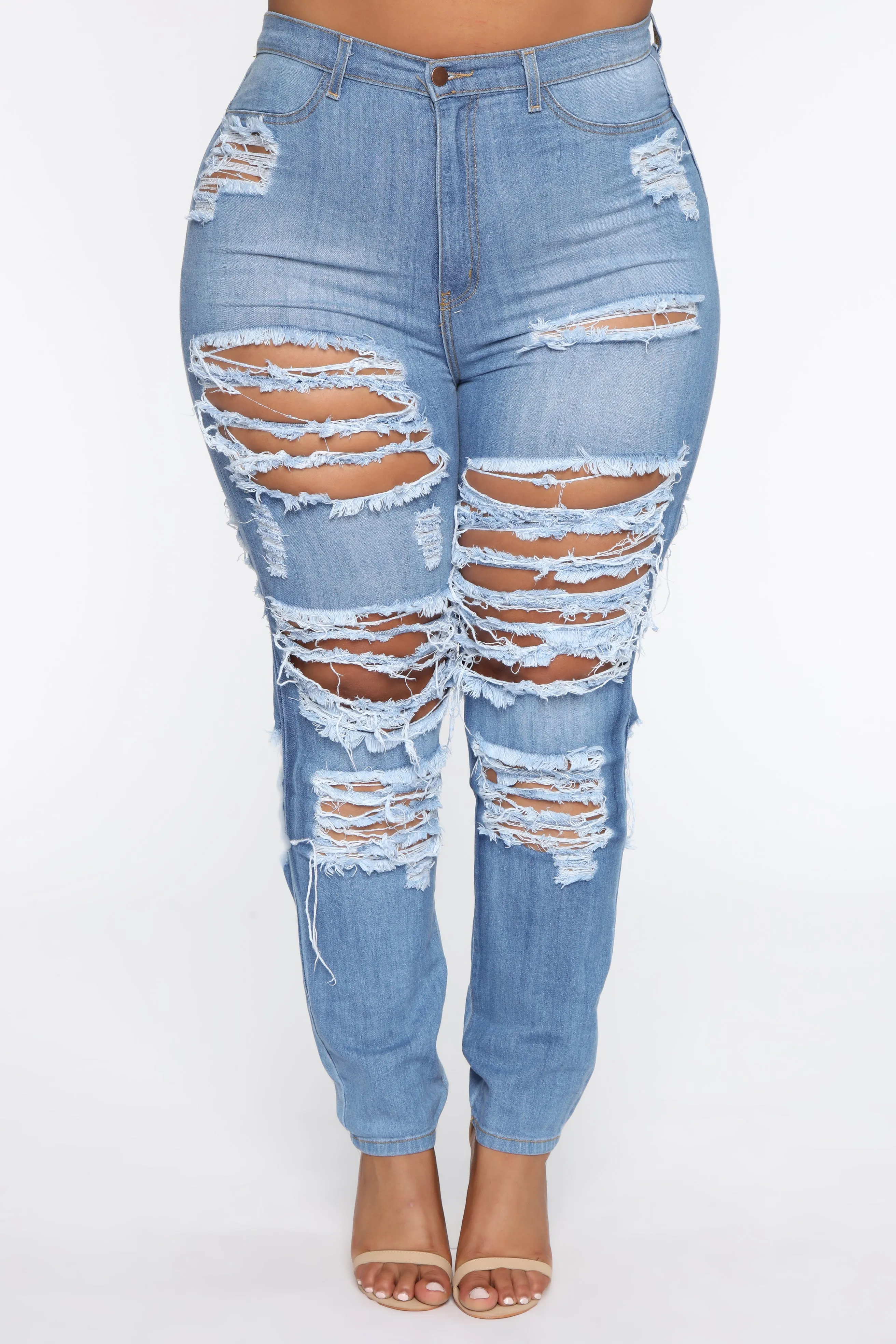 Alter Ego High Waisted Distressed Jeans - Light Blue