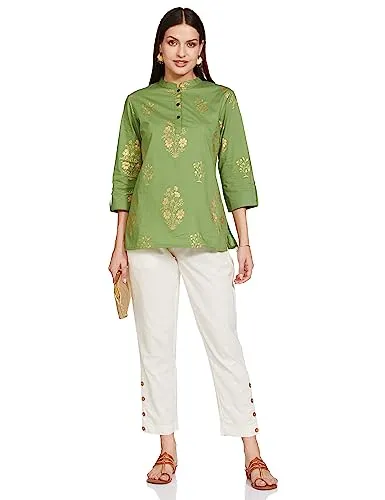 Amazon Brand - Myx Women's Cotton Regular Kurta (PAG 1_Green Floral_L)