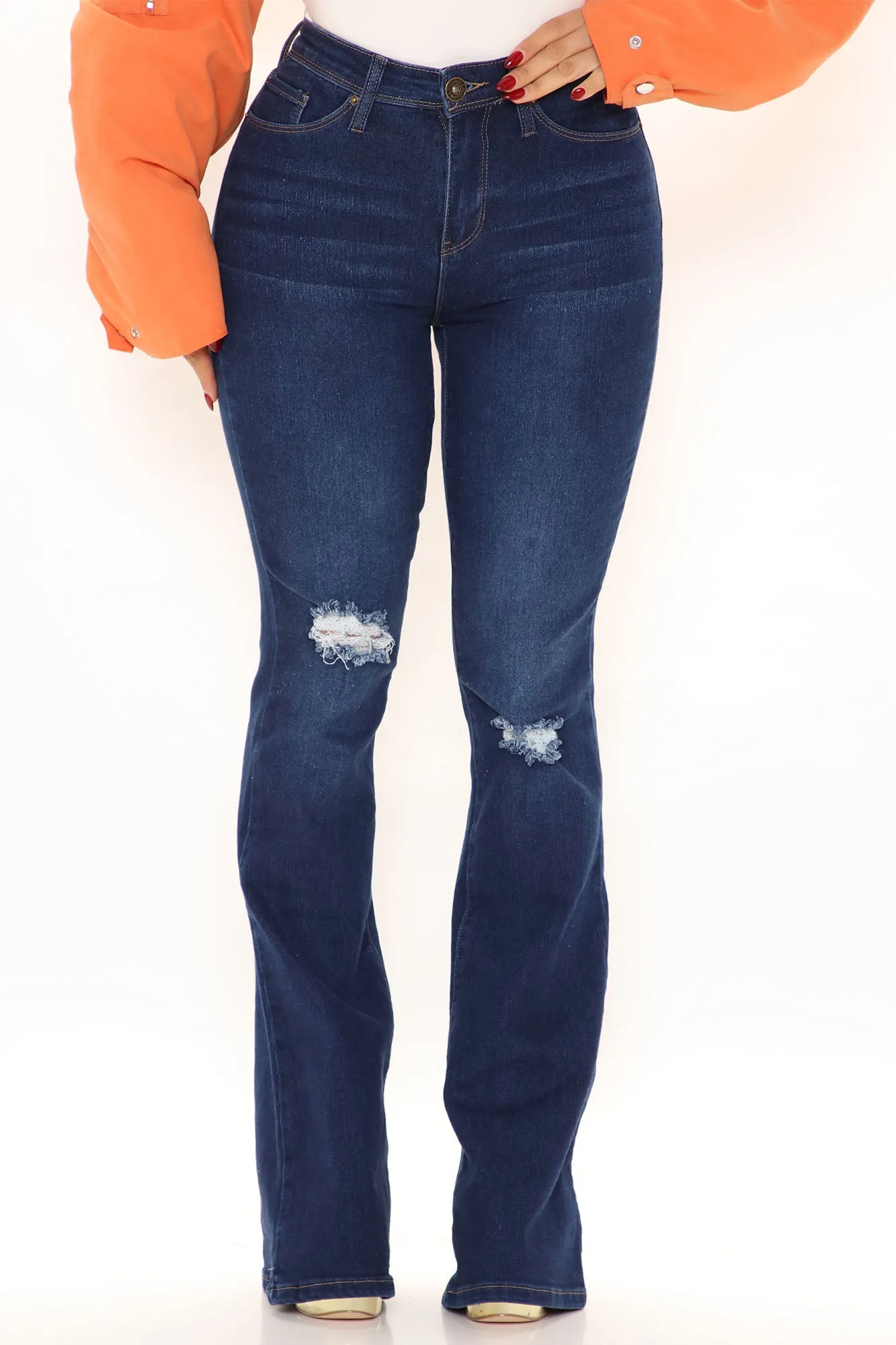 Back On Top Distressed Stretch Flare Jeans - Dark Wash