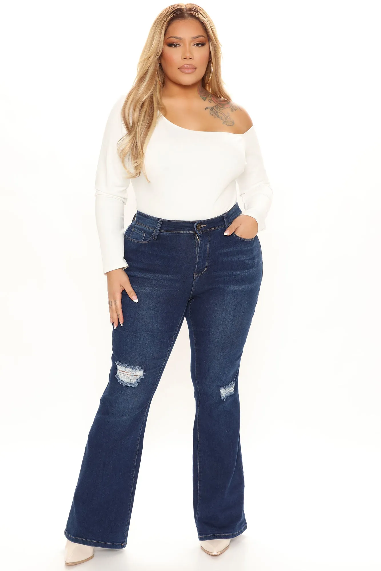 Back On Top Distressed Stretch Flare Jeans - Dark Wash