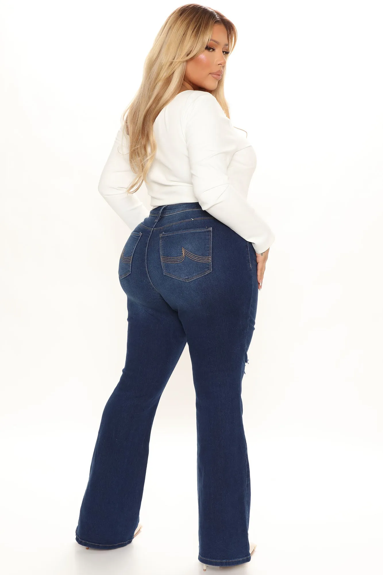 Back On Top Distressed Stretch Flare Jeans - Dark Wash