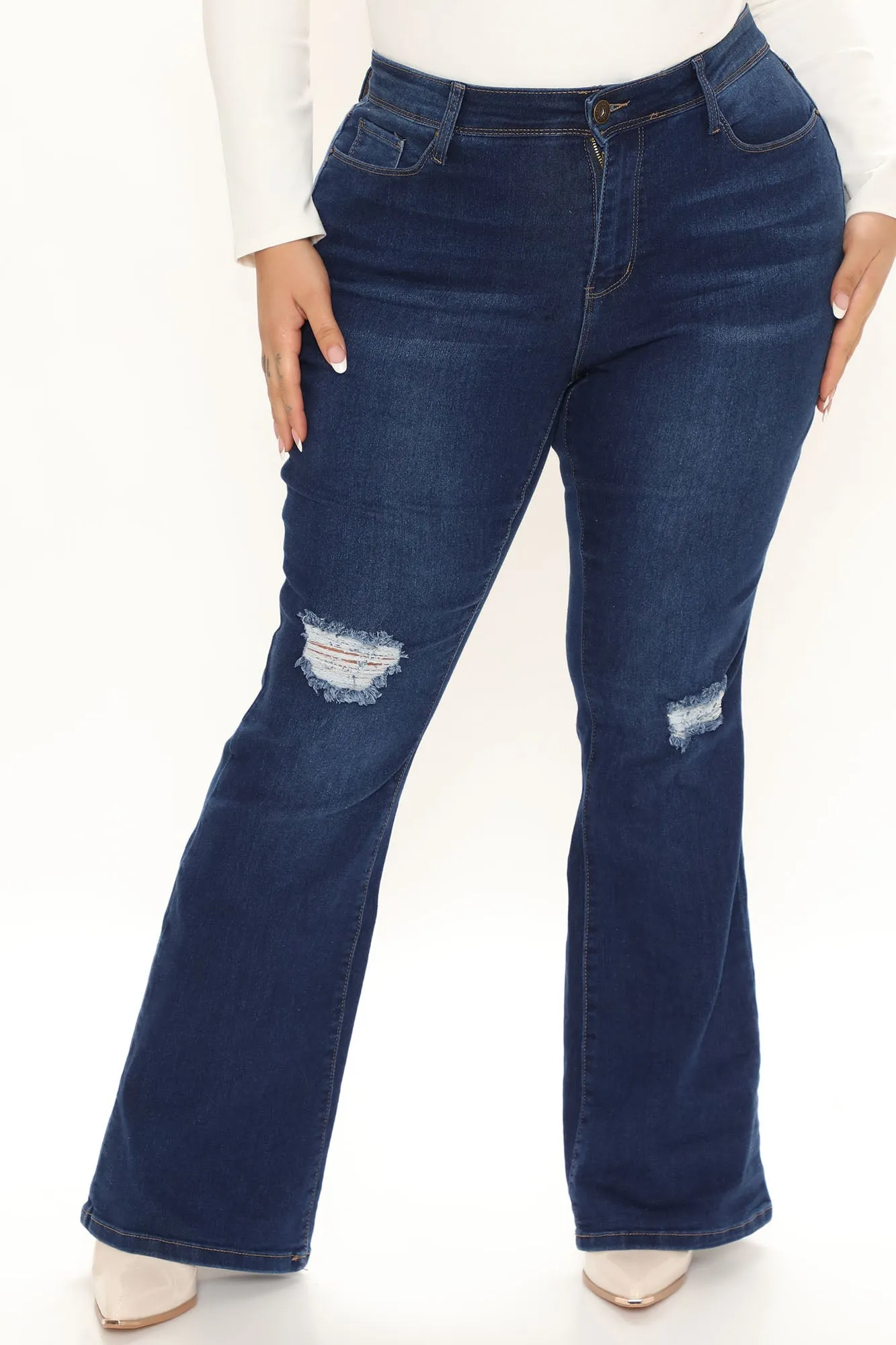 Back On Top Distressed Stretch Flare Jeans - Dark Wash