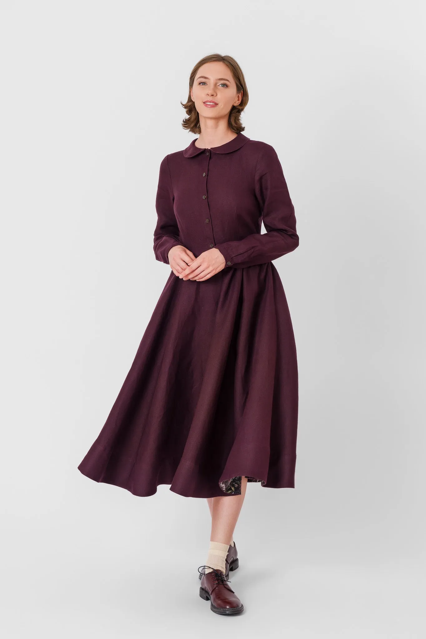 Classic Dress, Long Sleeve, Twill Linen, Royal Grape