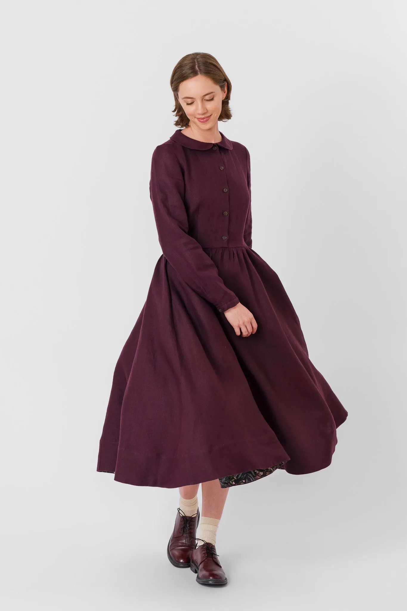 Classic Dress, Long Sleeve, Twill Linen, Royal Grape