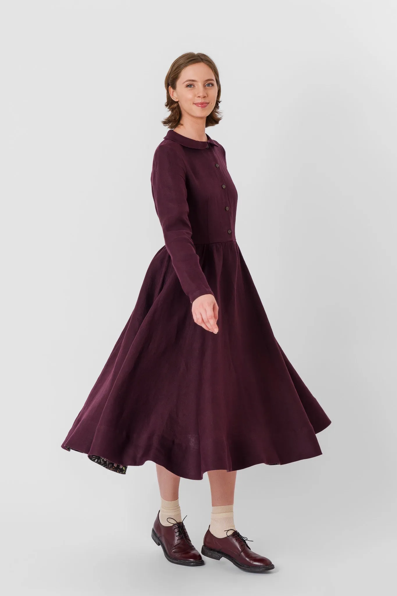 Classic Dress, Long Sleeve, Twill Linen, Royal Grape