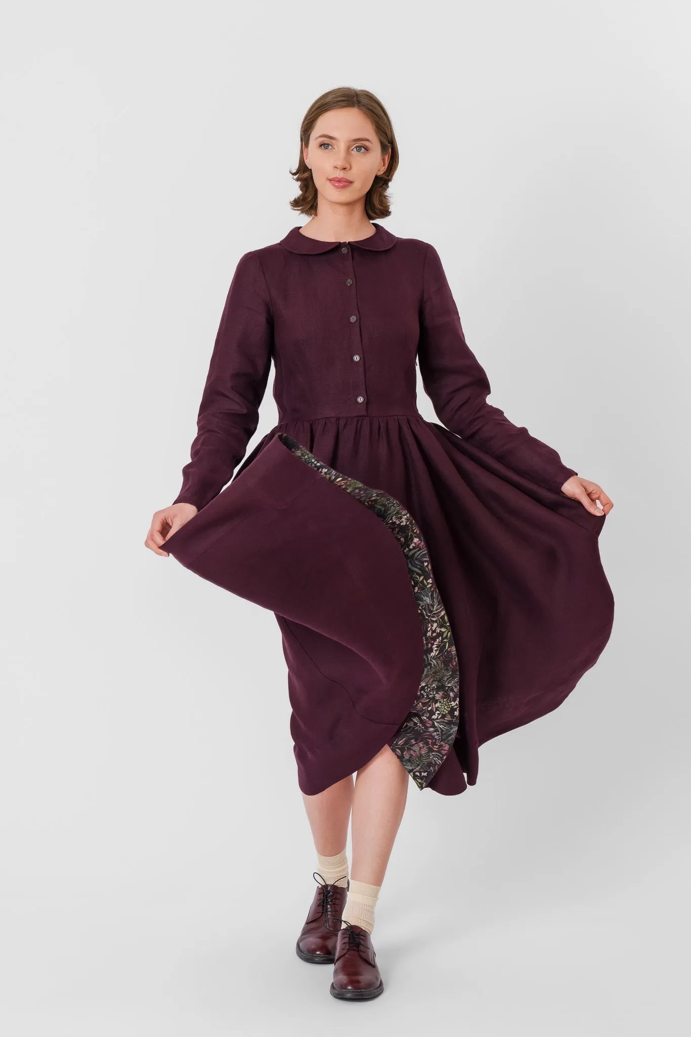 Classic Dress, Long Sleeve, Twill Linen, Royal Grape