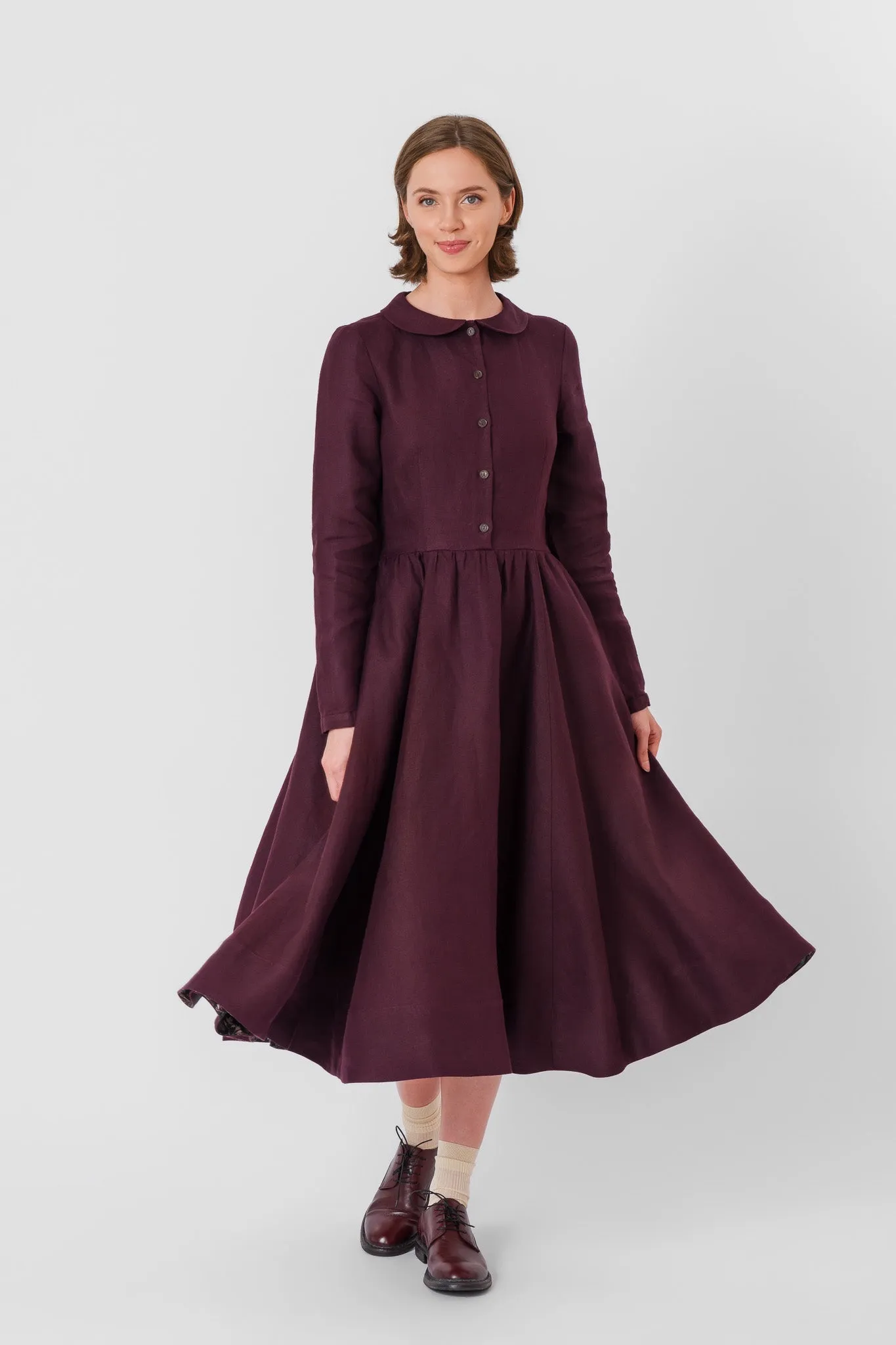 Classic Dress, Long Sleeve, Twill Linen, Royal Grape