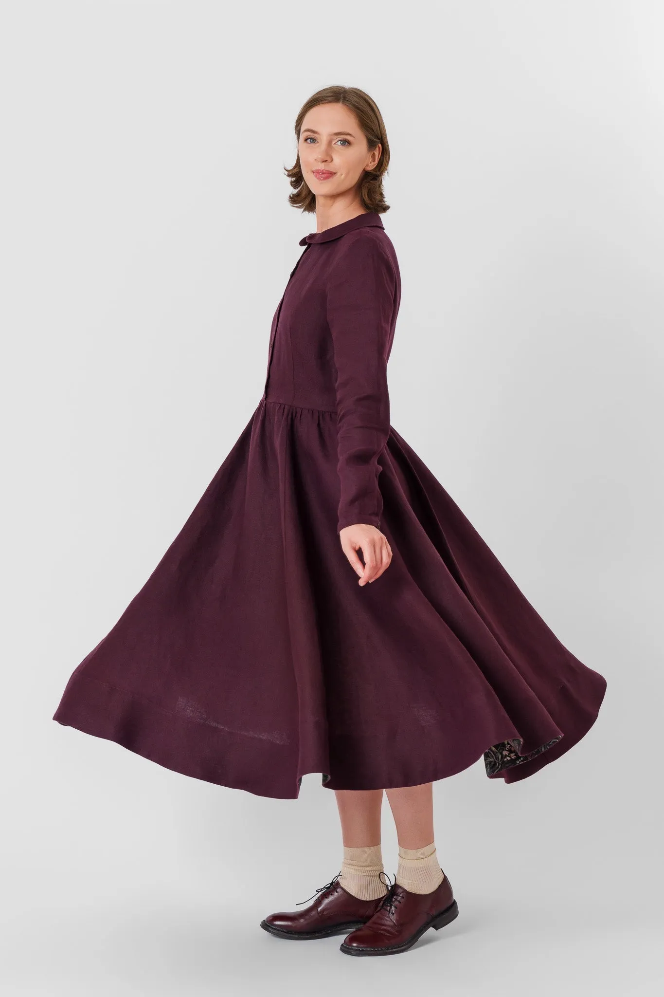 Classic Dress, Long Sleeve, Twill Linen, Royal Grape