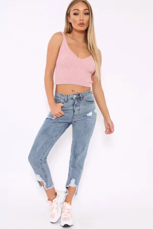 Distressed Split Hem Mom Jeans - Dekota