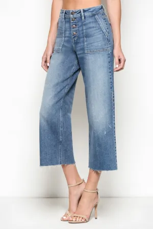 High Rise Button Front Cropped Wide Leg Jeans