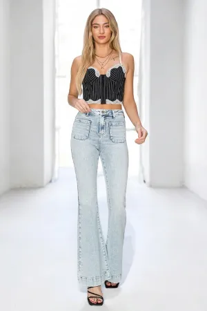 High Rise Front Patch Pocket Flare Jeans