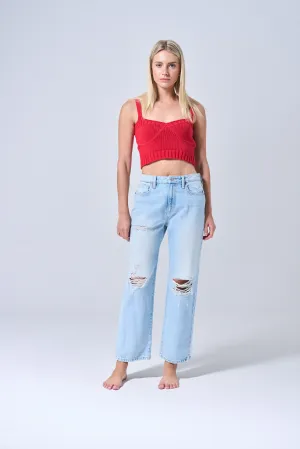 HIGH RISE LOOSE STRAIGHT JEANS WITH KNEE DISTRESSING IN LIGHT VINTAGE   /  SP-P12686