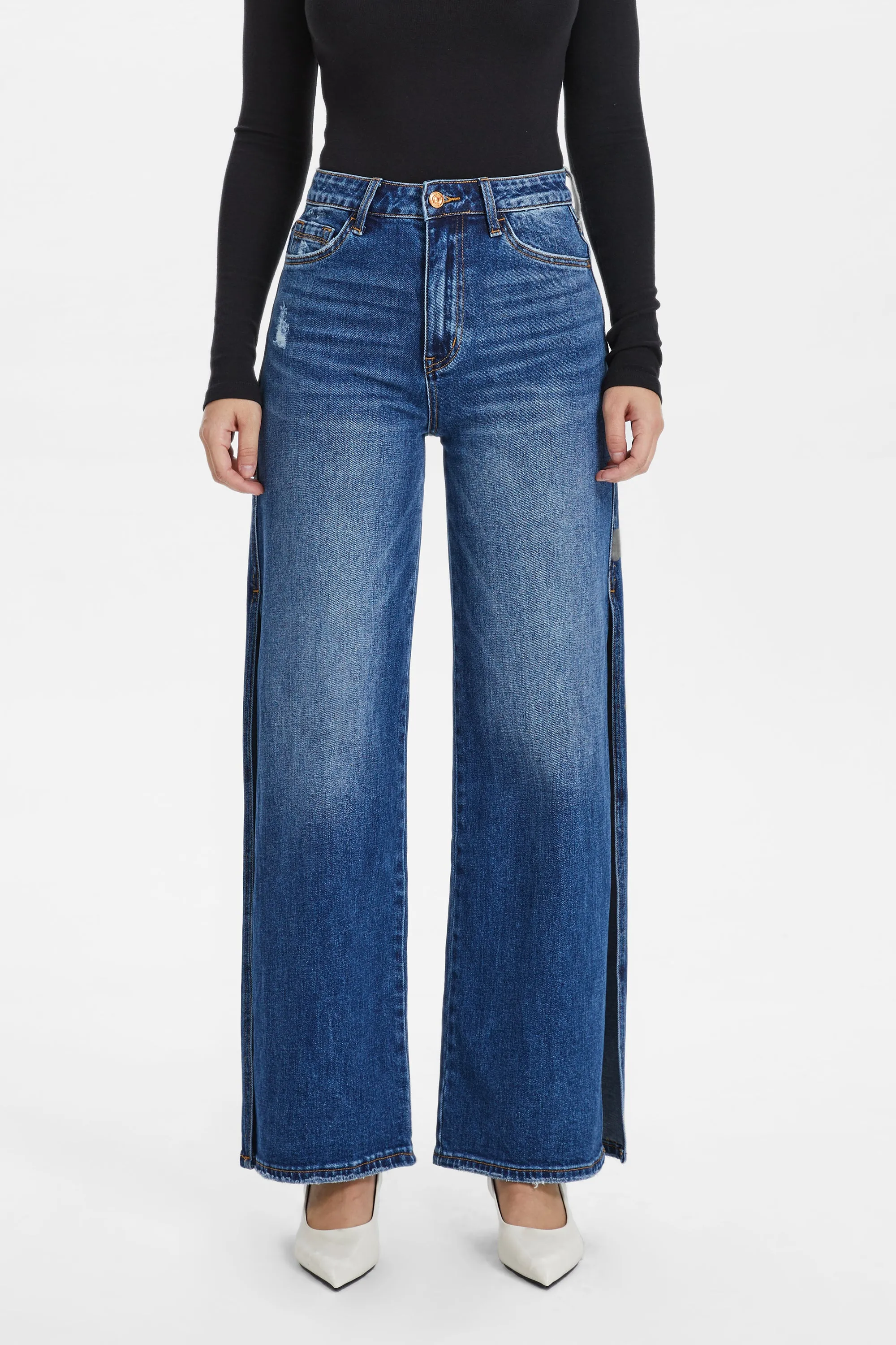 High Rise Wide Leg Denim Jeans With Slit