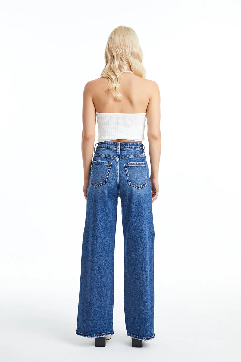 High Rise Wide Leg Denim Jeans With Slit