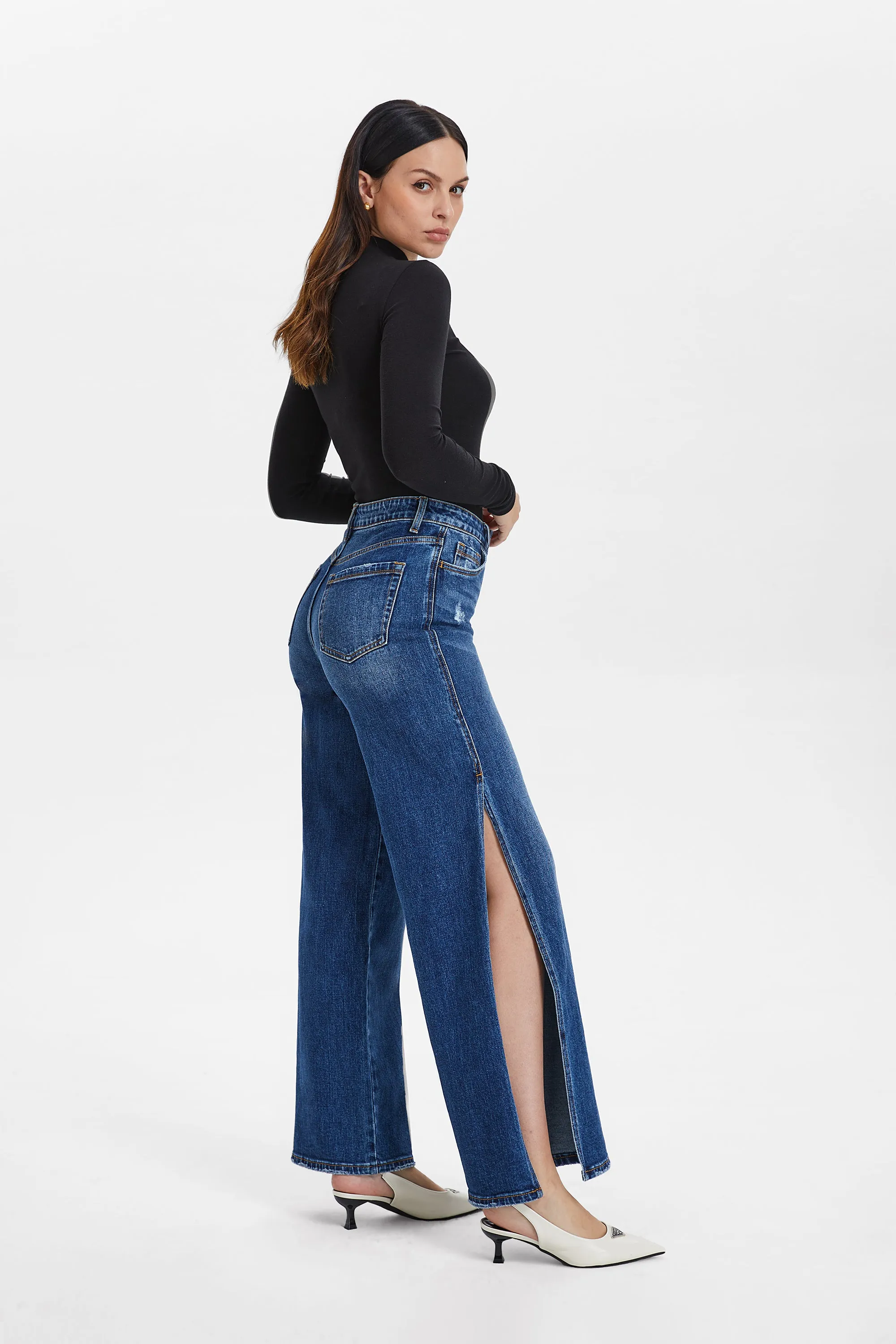 High Rise Wide Leg Denim Jeans With Slit