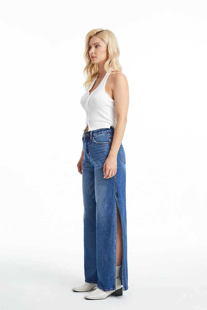 High Rise Wide Leg Denim Jeans With Slit