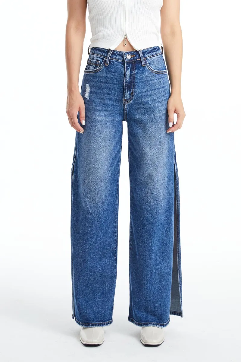 High Rise Wide Leg Denim Jeans With Slit