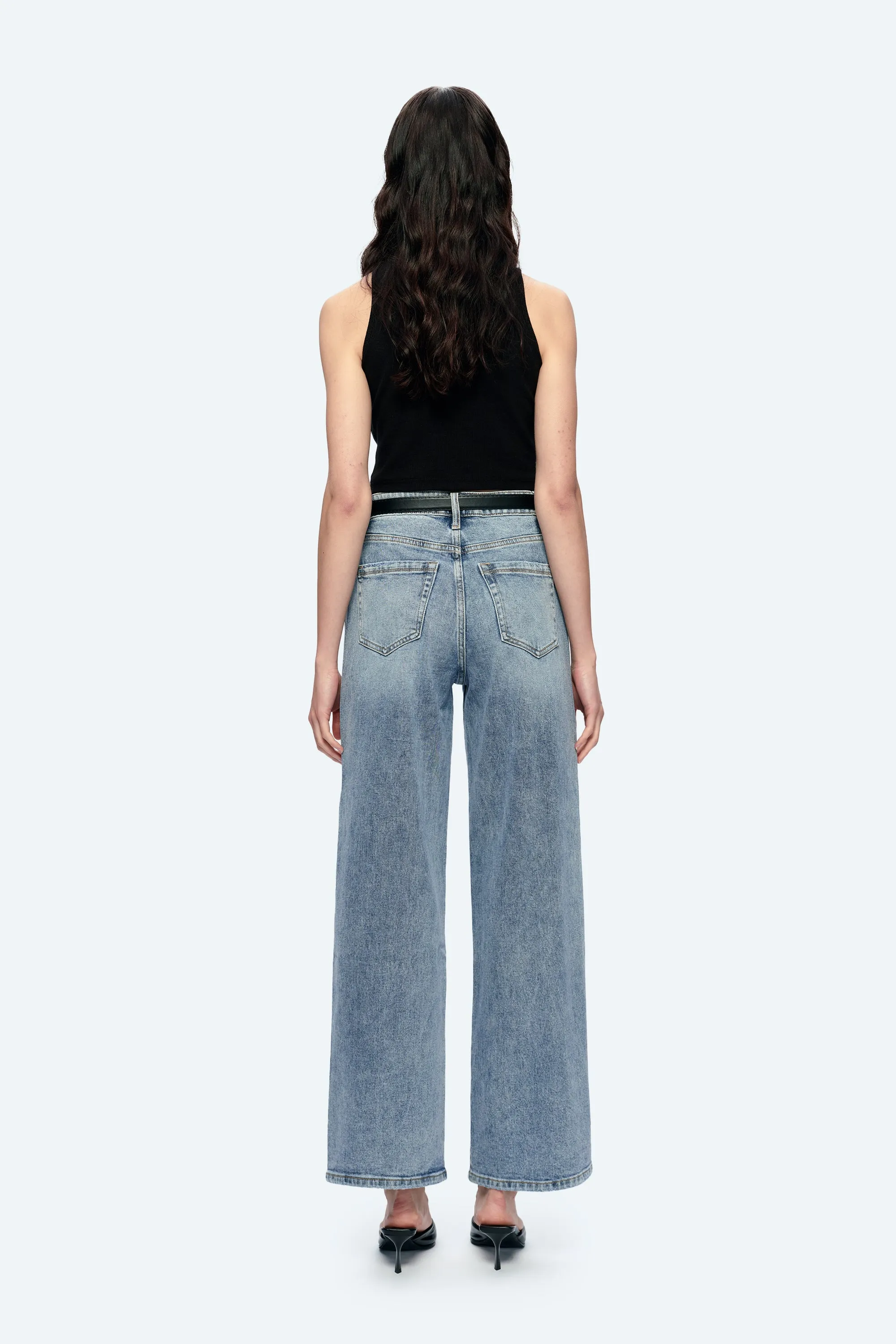 High Rise Wide Leg Denim Jeans With Slit