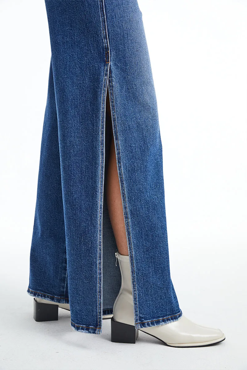 High Rise Wide Leg Denim Jeans With Slit