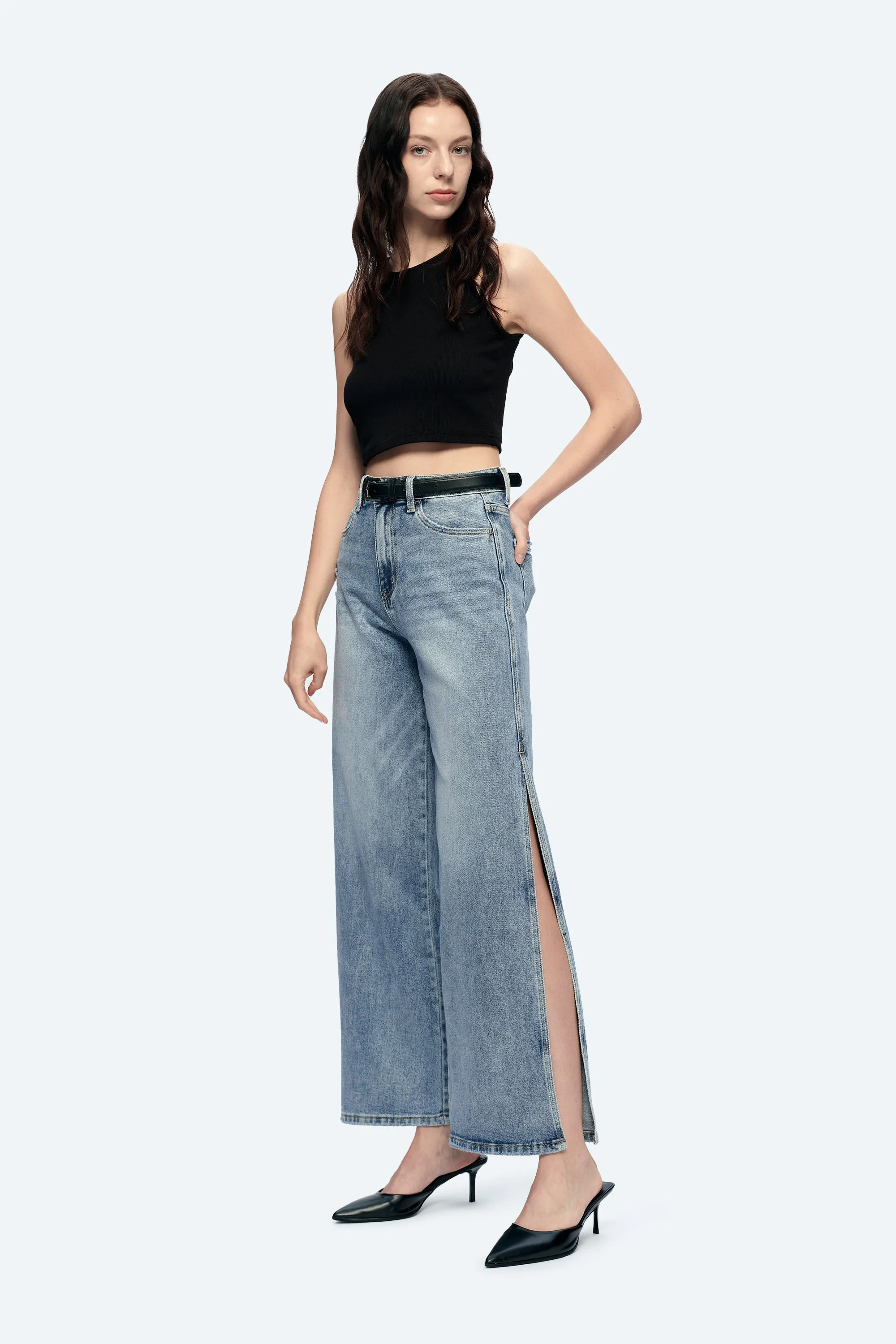 High Rise Wide Leg Denim Jeans With Slit