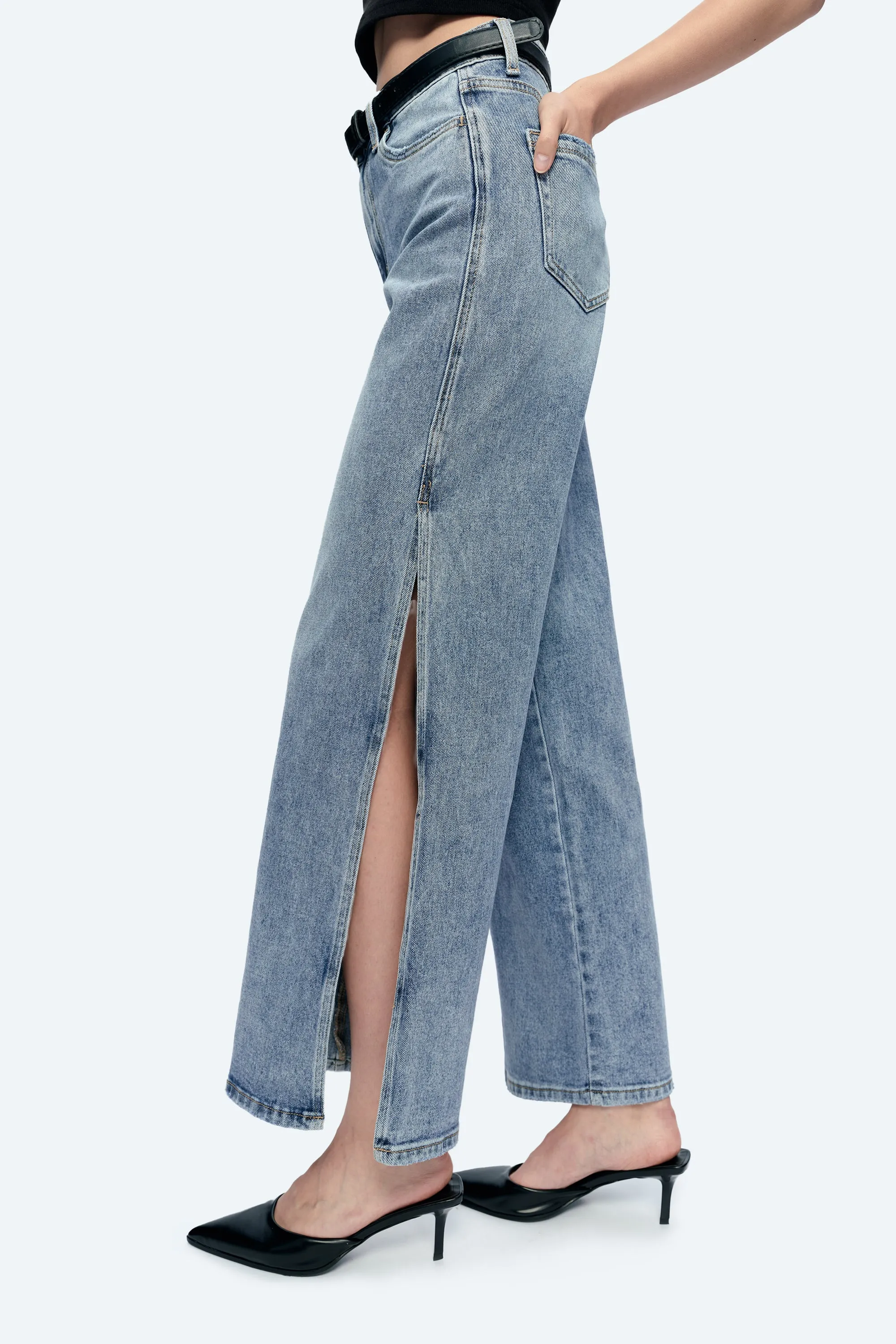 High Rise Wide Leg Denim Jeans With Slit