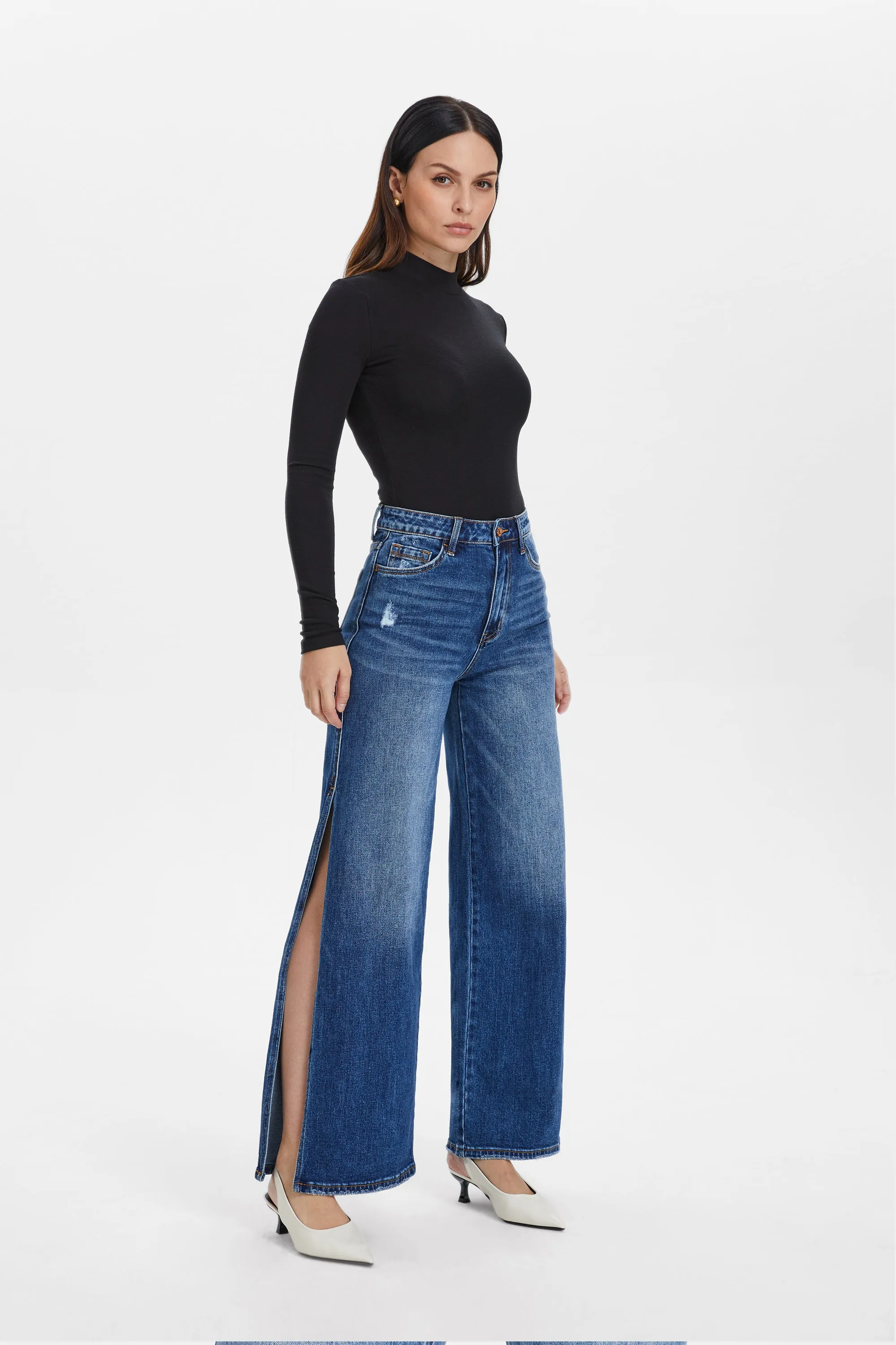 High Rise Wide Leg Denim Jeans With Slit