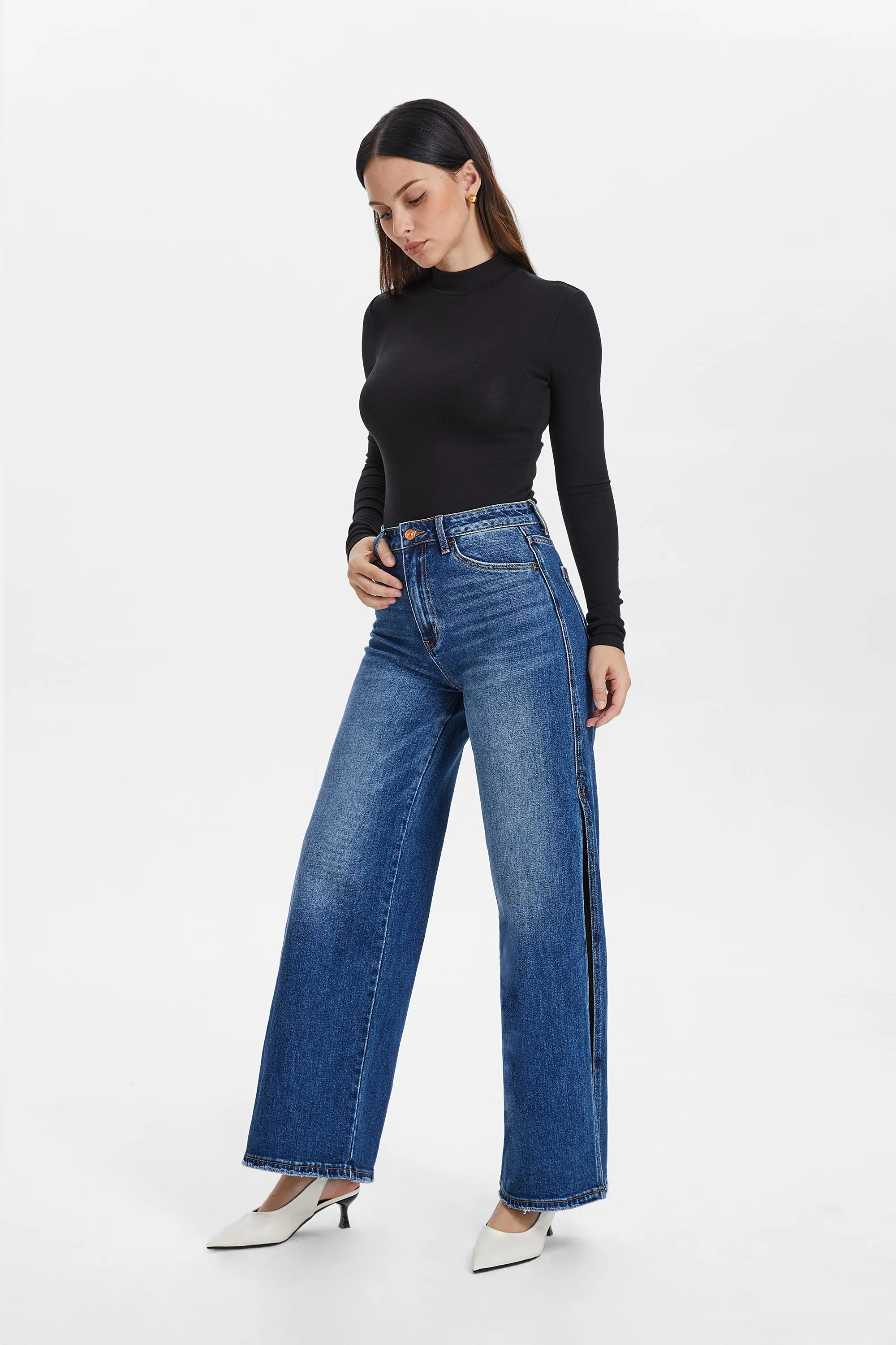 High Rise Wide Leg Denim Jeans With Slit