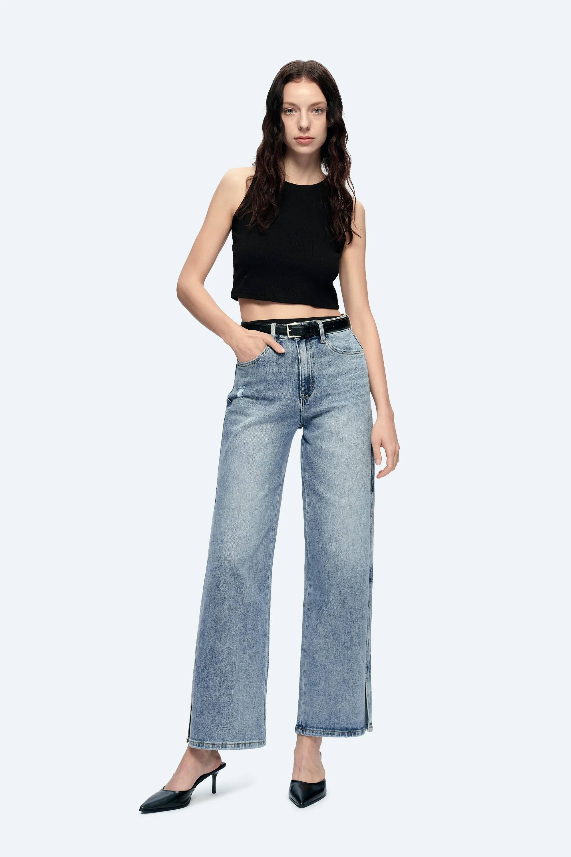 High Rise Wide Leg Denim Jeans With Slit