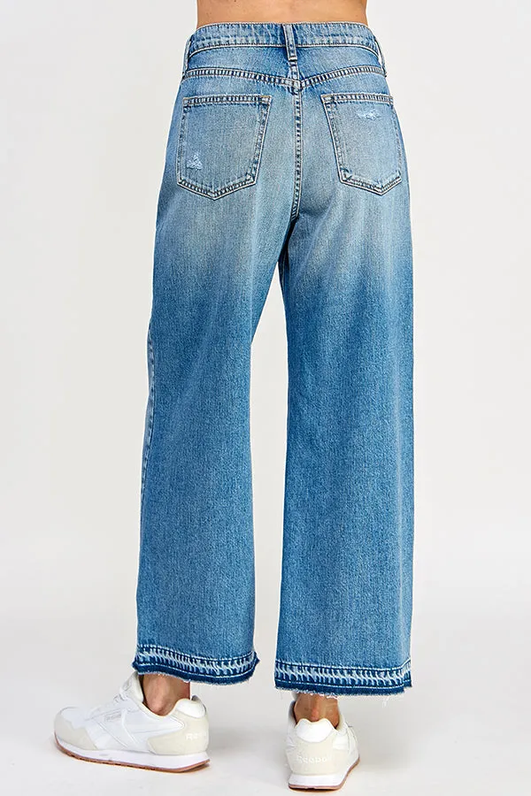 HIGH RISE WIDE LEG JEANS WITH DISTRESSED RELEASE HEM IN MEDIUM VINTAGE   /  SP-P12700