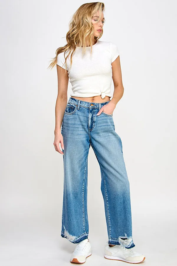 HIGH RISE WIDE LEG JEANS WITH DISTRESSED RELEASE HEM IN MEDIUM VINTAGE   /  SP-P12700