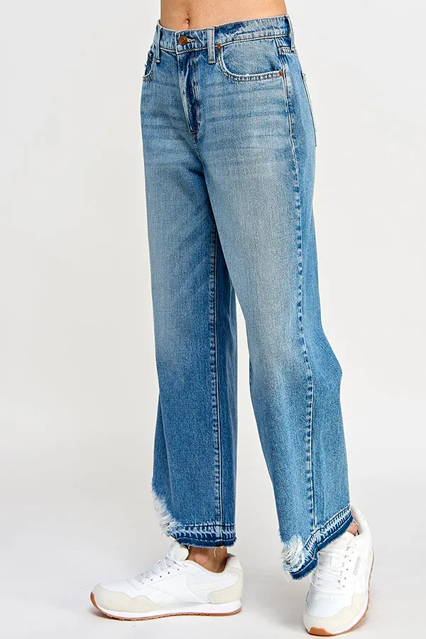 HIGH RISE WIDE LEG JEANS WITH DISTRESSED RELEASE HEM IN MEDIUM VINTAGE   /  SP-P12700