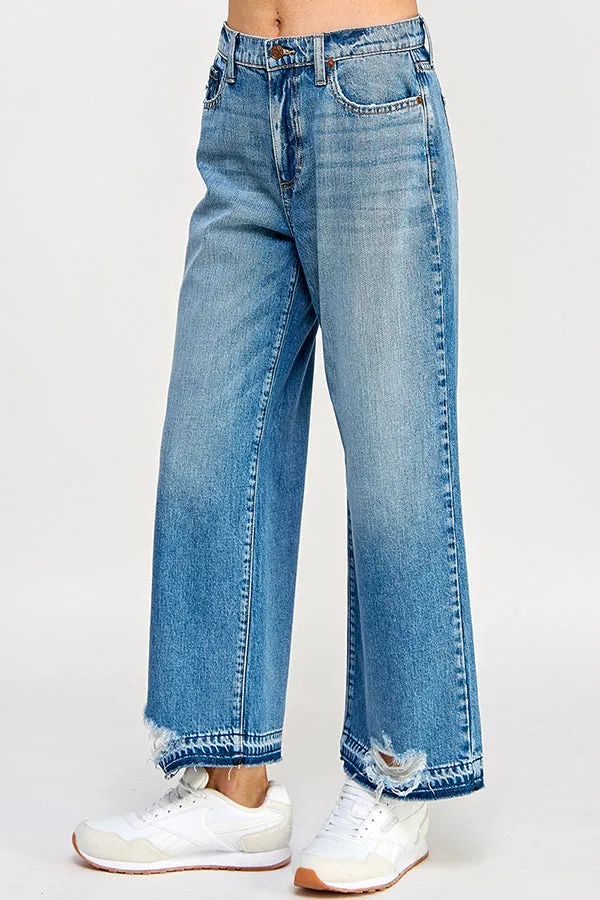 HIGH RISE WIDE LEG JEANS WITH DISTRESSED RELEASE HEM IN MEDIUM VINTAGE   /  SP-P12700