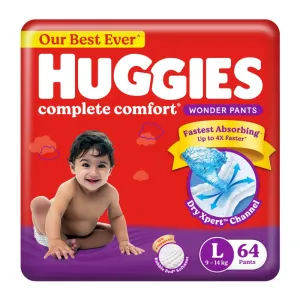 Huggies Complete Comfort Wonder Pants Large (L) Size (9-14 Kgs) Baby Diaper Pants, 64 count| India's Fastest Absorbing Diaper with upto 4x faster absorption | Unique Dry Xpert Channel