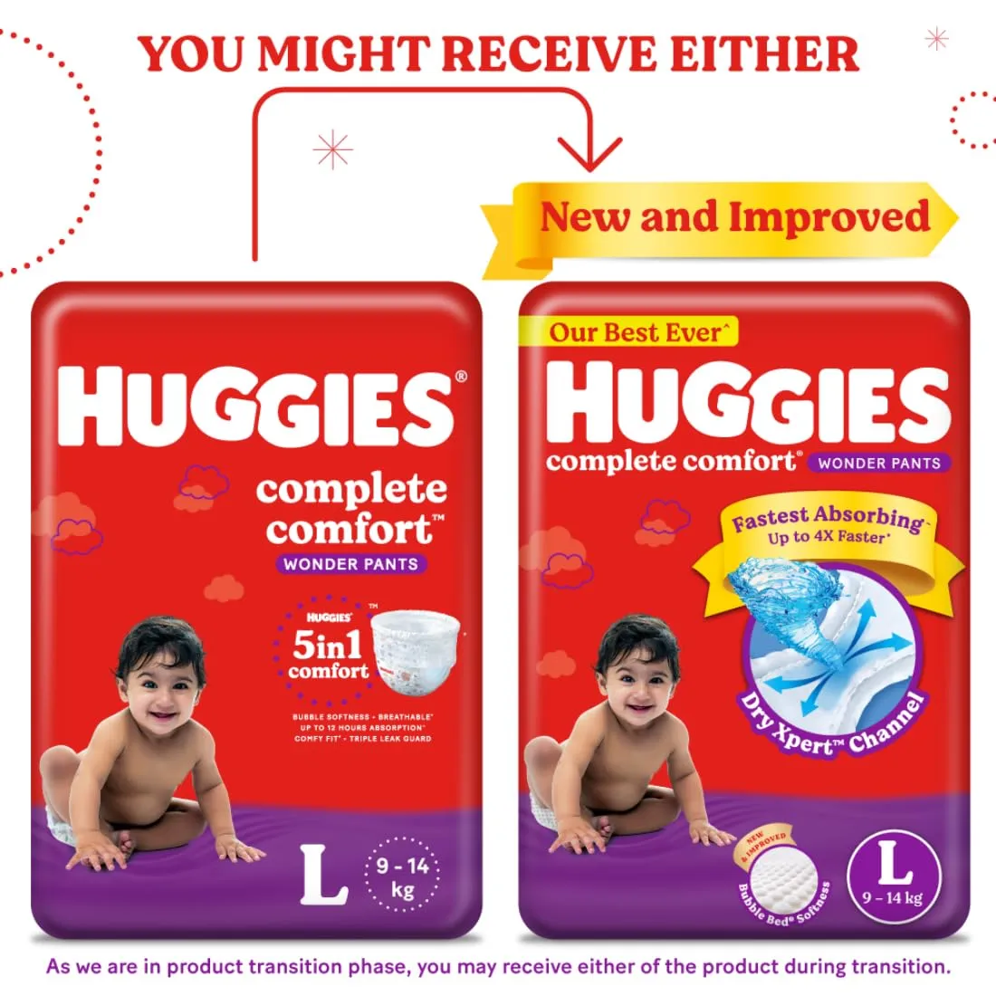 Huggies Complete Comfort Wonder Pants Large (L) Size (9-14 Kgs) Baby Diaper Pants, 64 count| India's Fastest Absorbing Diaper with upto 4x faster absorption | Unique Dry Xpert Channel