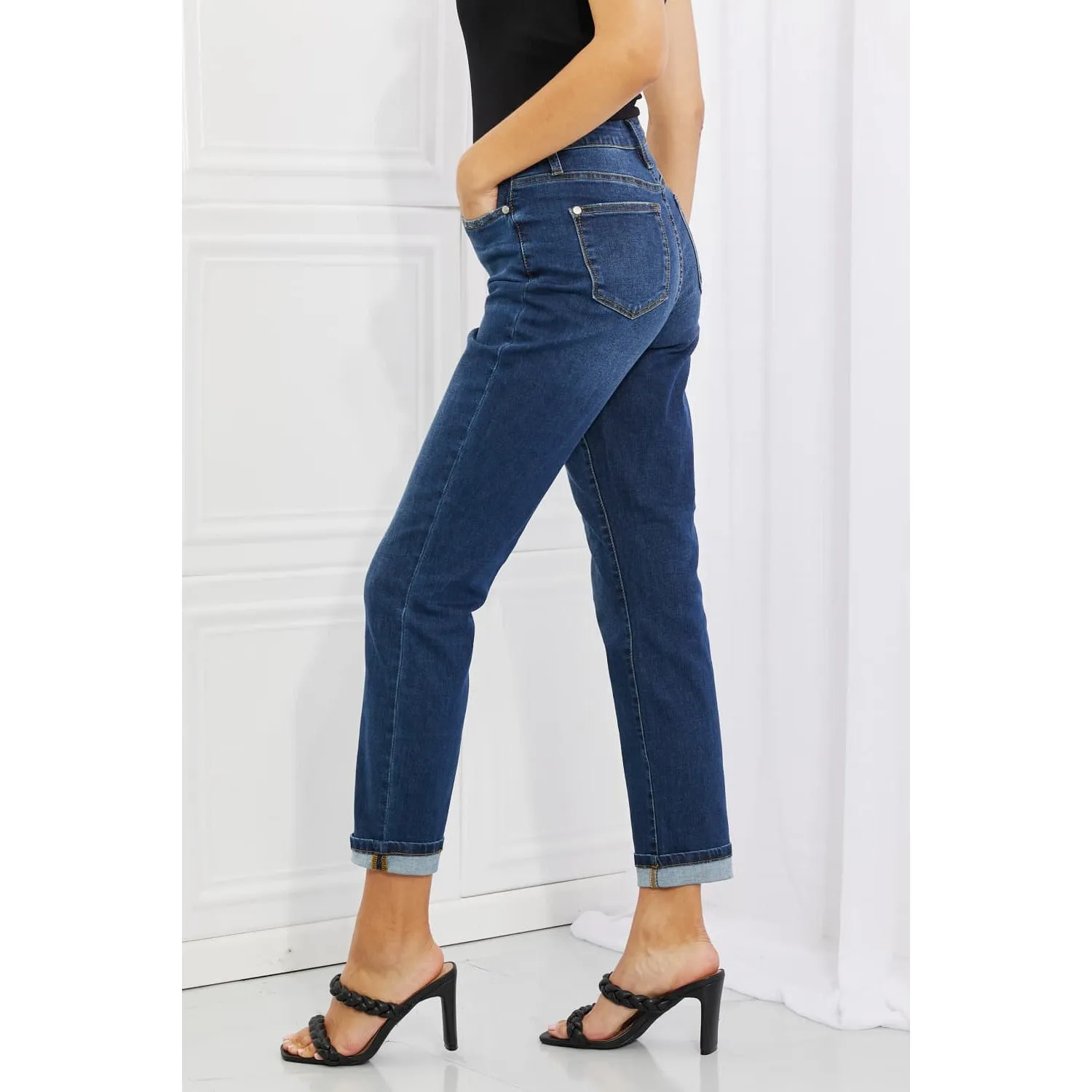 Judy Blue Crystal Full Size High Waisted Cuffed Boyfriend Jeans