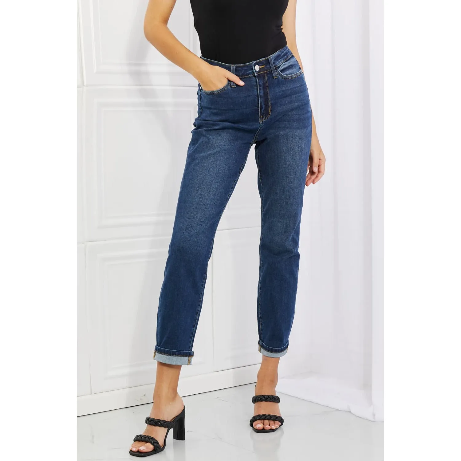 Judy Blue Crystal Full Size High Waisted Cuffed Boyfriend Jeans