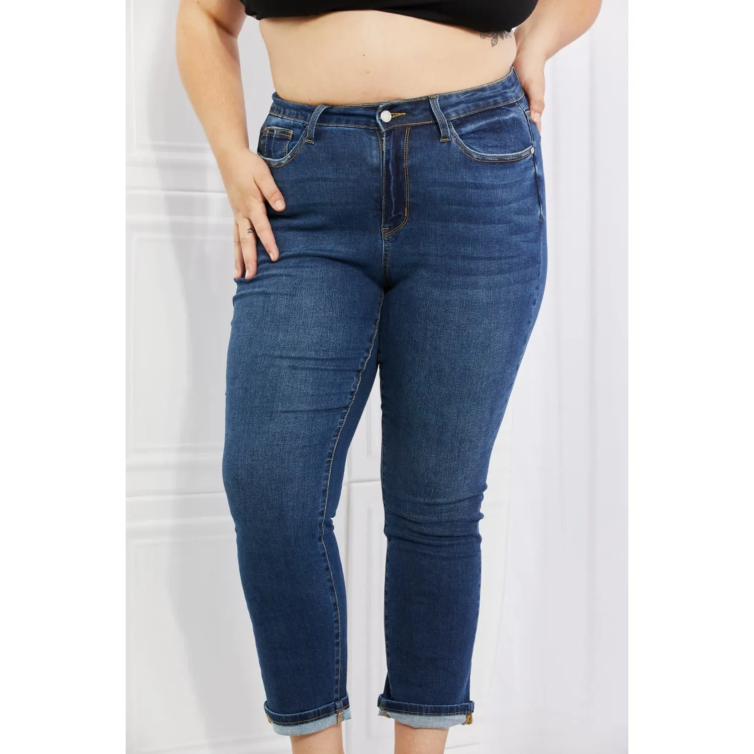 Judy Blue Crystal Full Size High Waisted Cuffed Boyfriend Jeans