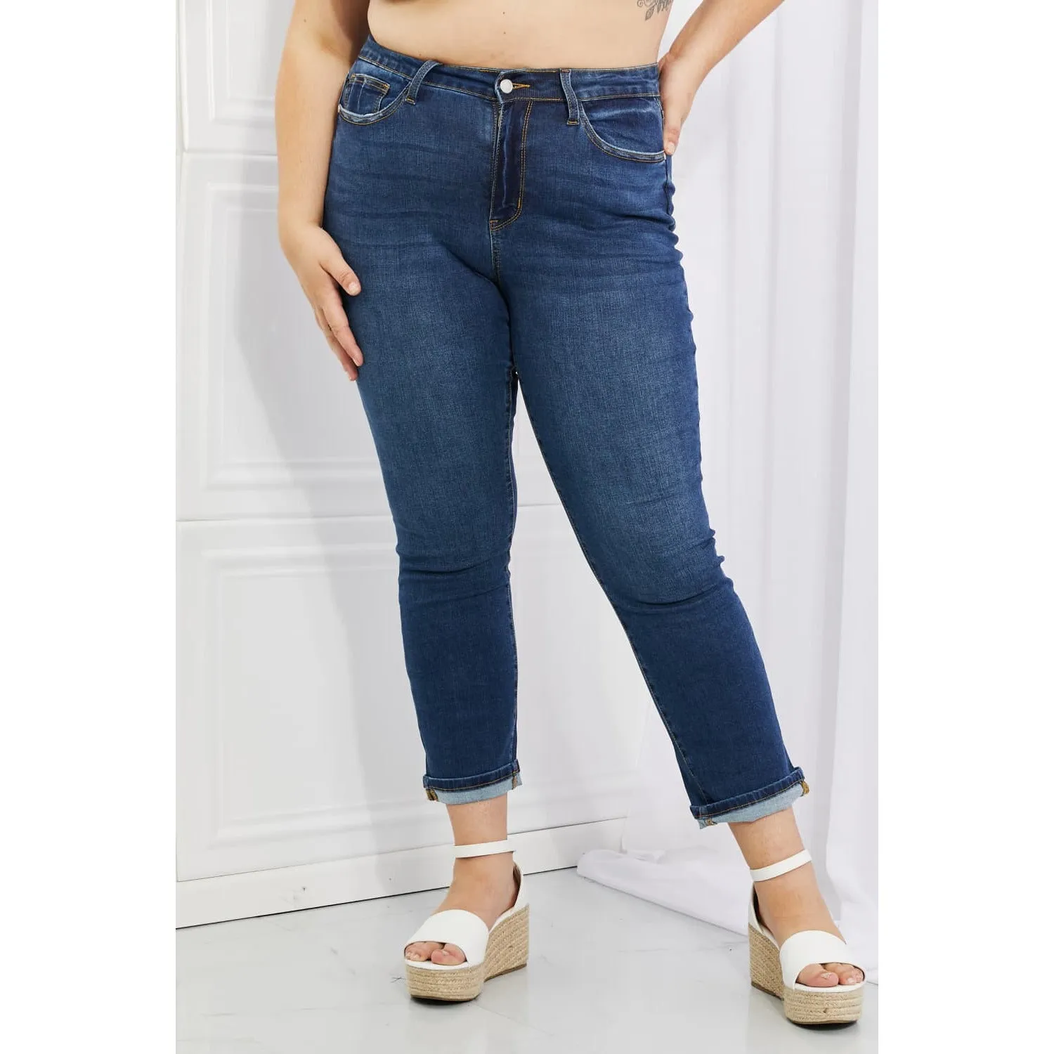 Judy Blue Crystal Full Size High Waisted Cuffed Boyfriend Jeans