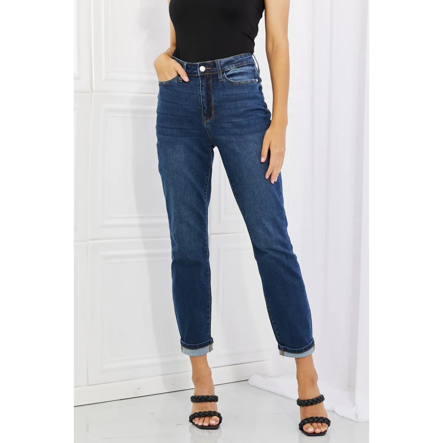 Judy Blue Crystal Full Size High Waisted Cuffed Boyfriend Jeans