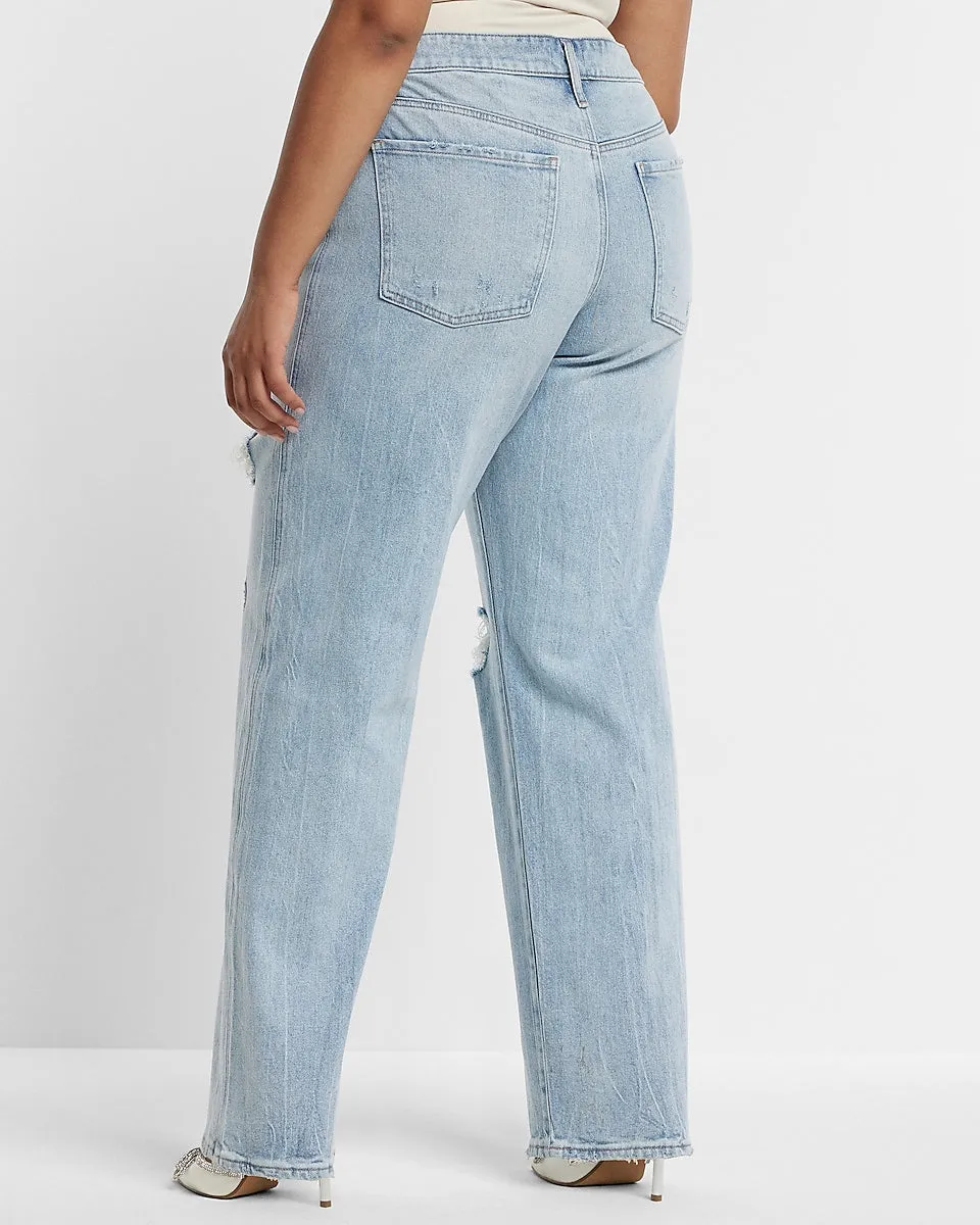 Low Rise Light Wash Ripped Baggy Straight Jeans in Light Wash