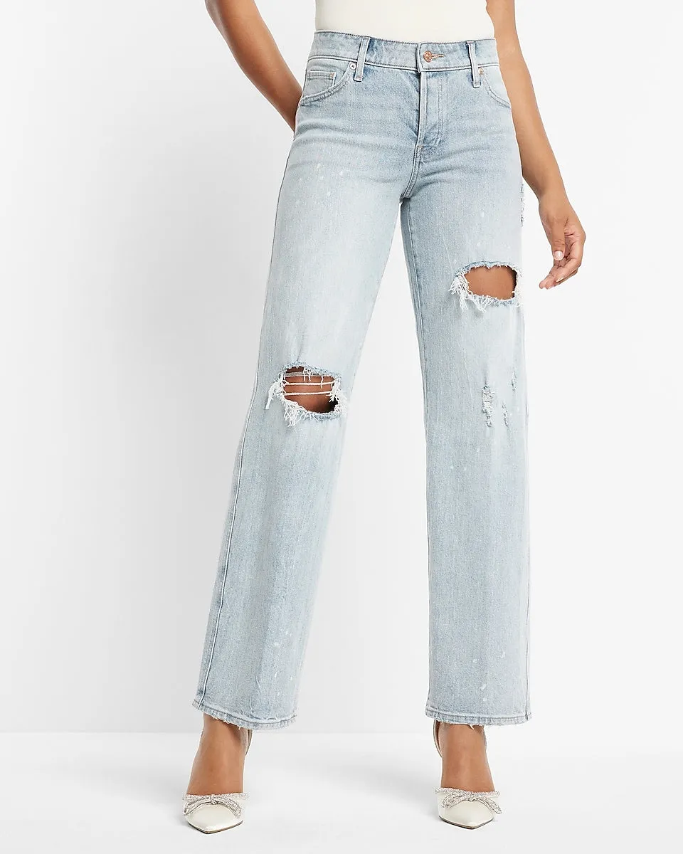 Low Rise Light Wash Ripped Baggy Straight Jeans in Light Wash