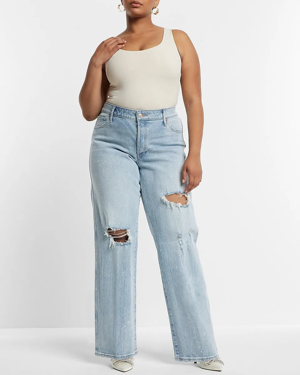 Low Rise Light Wash Ripped Baggy Straight Jeans in Light Wash